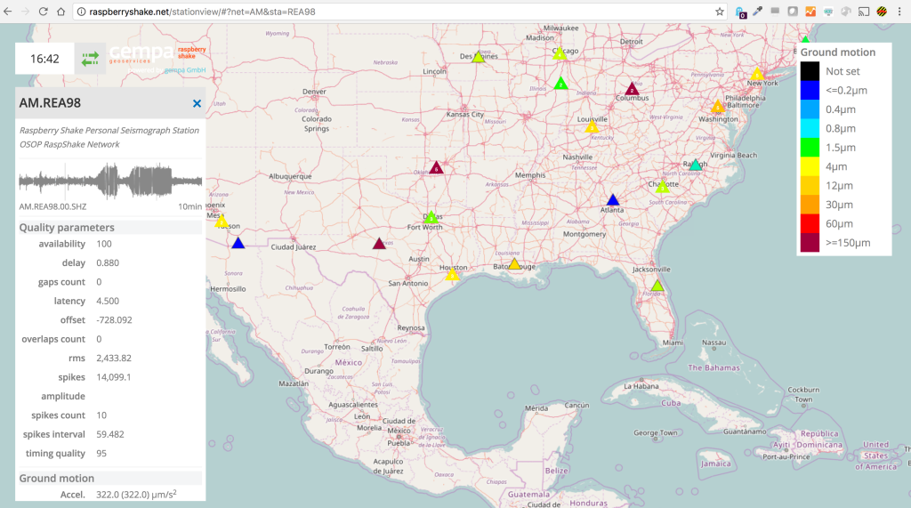 "Map of all Raspberry Shakes in USA and station information for my seismometer. Spikes are due to the end of a washer cycle.."